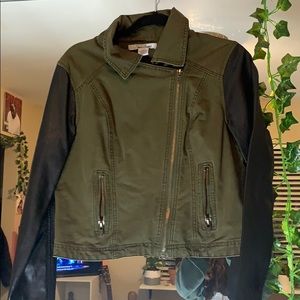 Olive Leather Sleeve Jacket